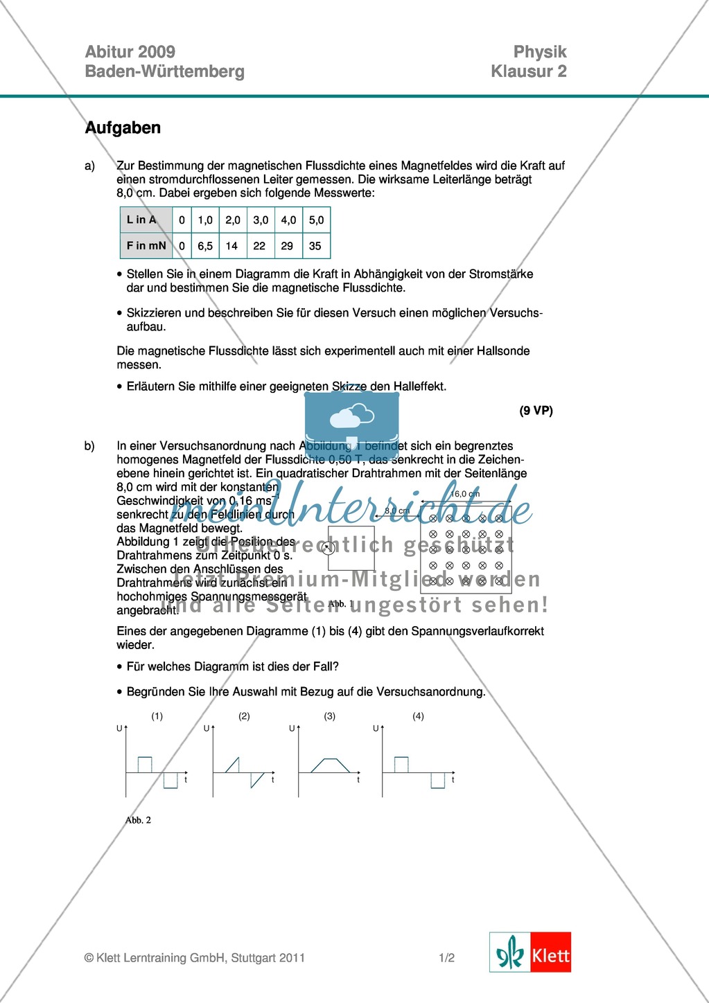 Abituraufgaben Baden-Württemberg 2009 Klausur II: Magnetismus + Musterlösungen zu den einzelnen Aufgabenteilen Preview 1