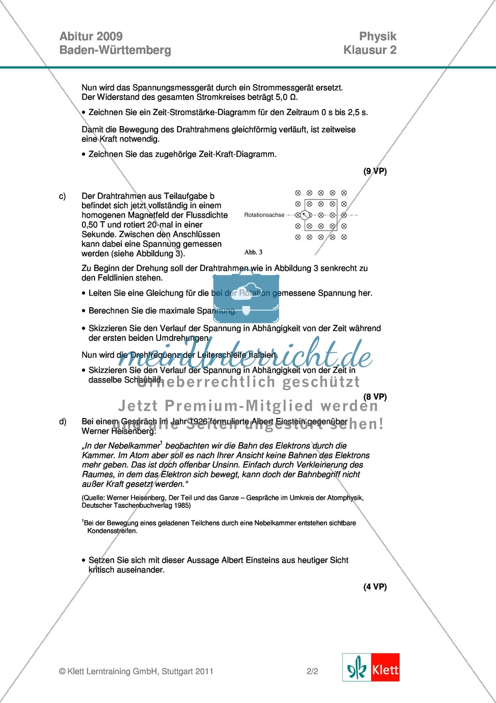 Abituraufgaben Baden-Württemberg 2009 Klausur II: Magnetismus + Musterlösungen zu den einzelnen Aufgabenteilen Preview 2