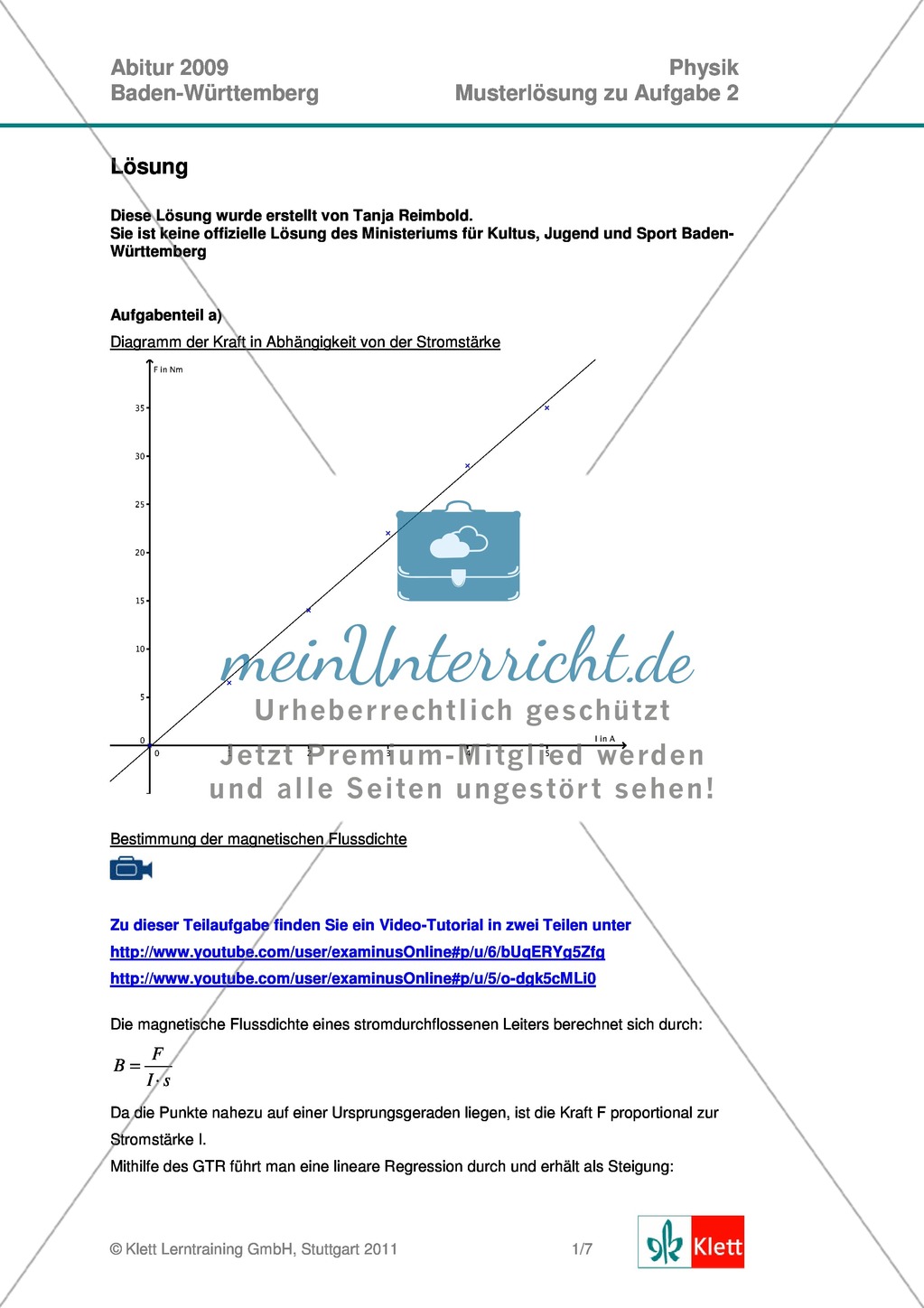 Abituraufgaben Baden-Württemberg 2009 Klausur II: Magnetismus + Musterlösungen zu den einzelnen Aufgabenteilen Preview 3