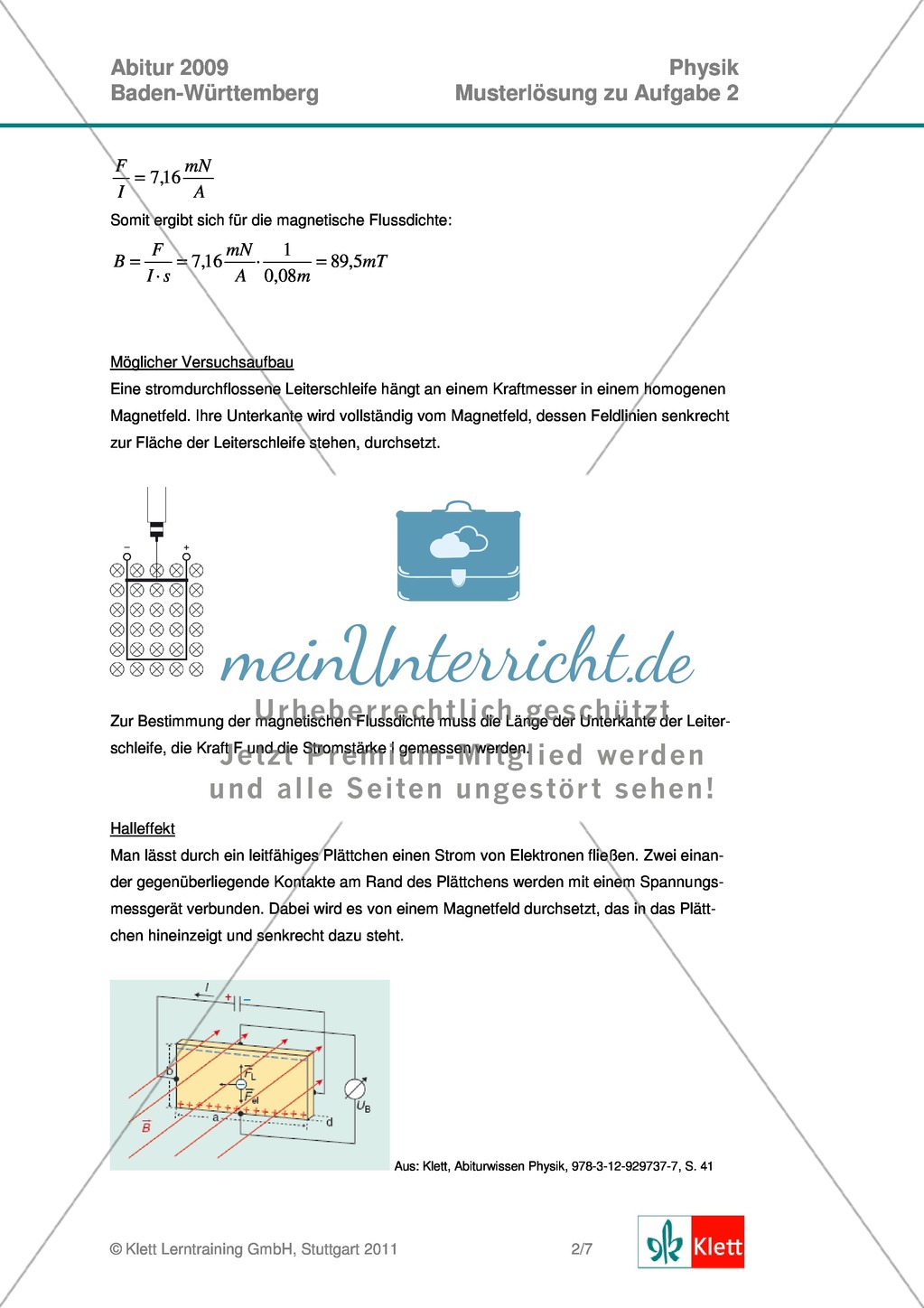Abituraufgaben Baden-Württemberg 2009 Klausur II: Magnetismus + Musterlösungen zu den einzelnen Aufgabenteilen Preview 4