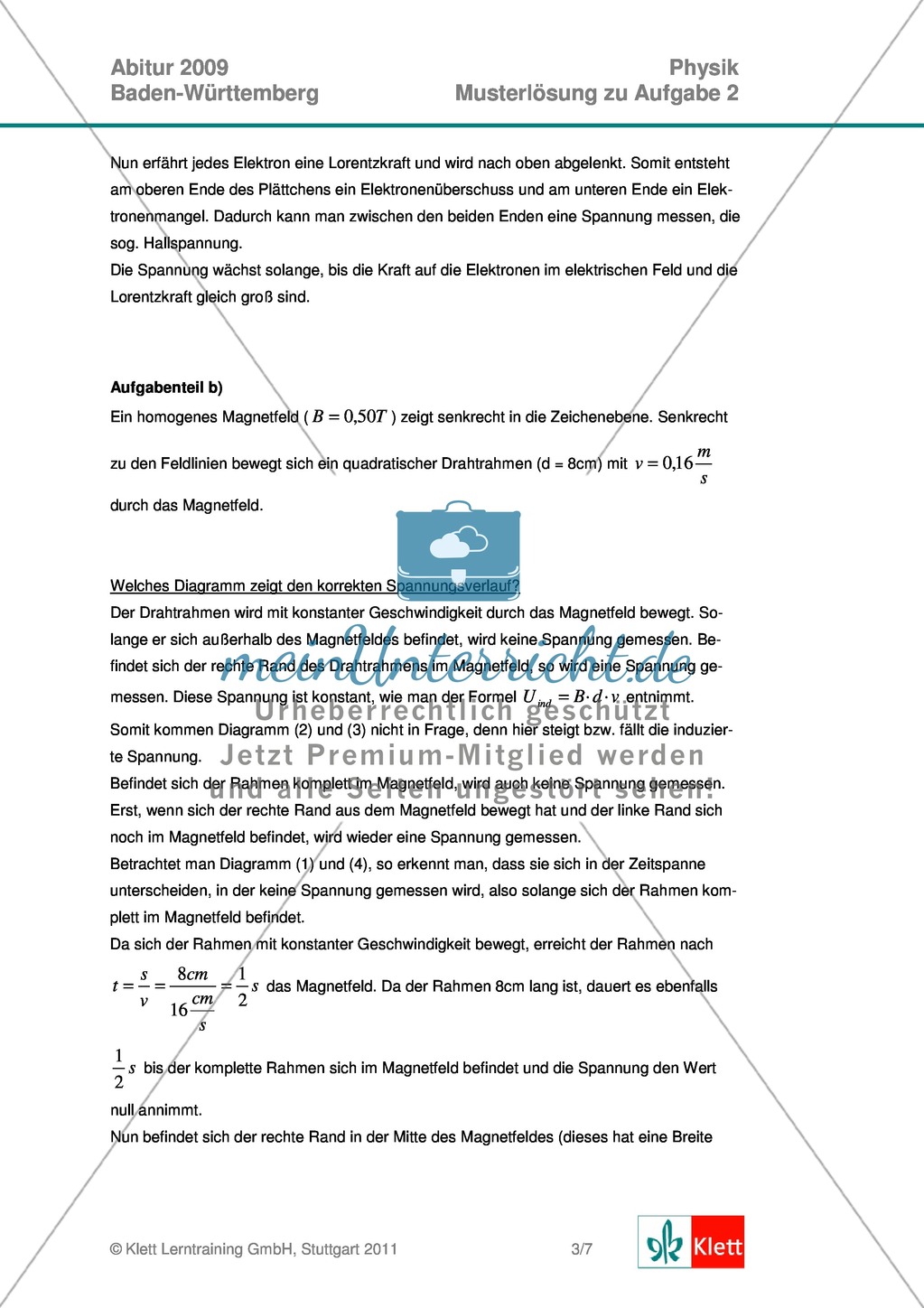 Abituraufgaben Baden-Württemberg 2009 Klausur II: Magnetismus + Musterlösungen zu den einzelnen Aufgabenteilen Preview 5