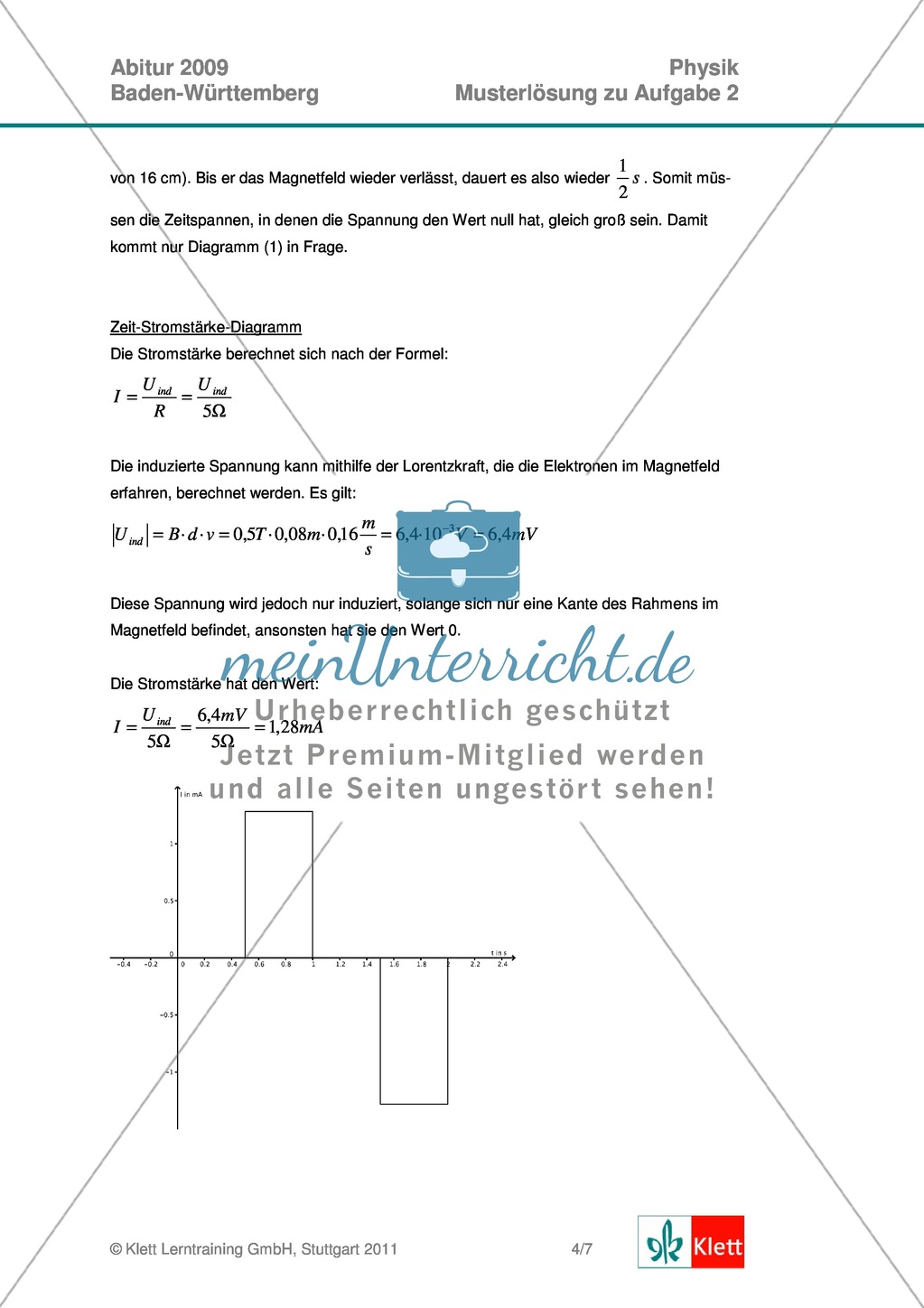 Abituraufgaben Baden-Württemberg 2009 Klausur II: Magnetismus + Musterlösungen zu den einzelnen Aufgabenteilen Preview 6