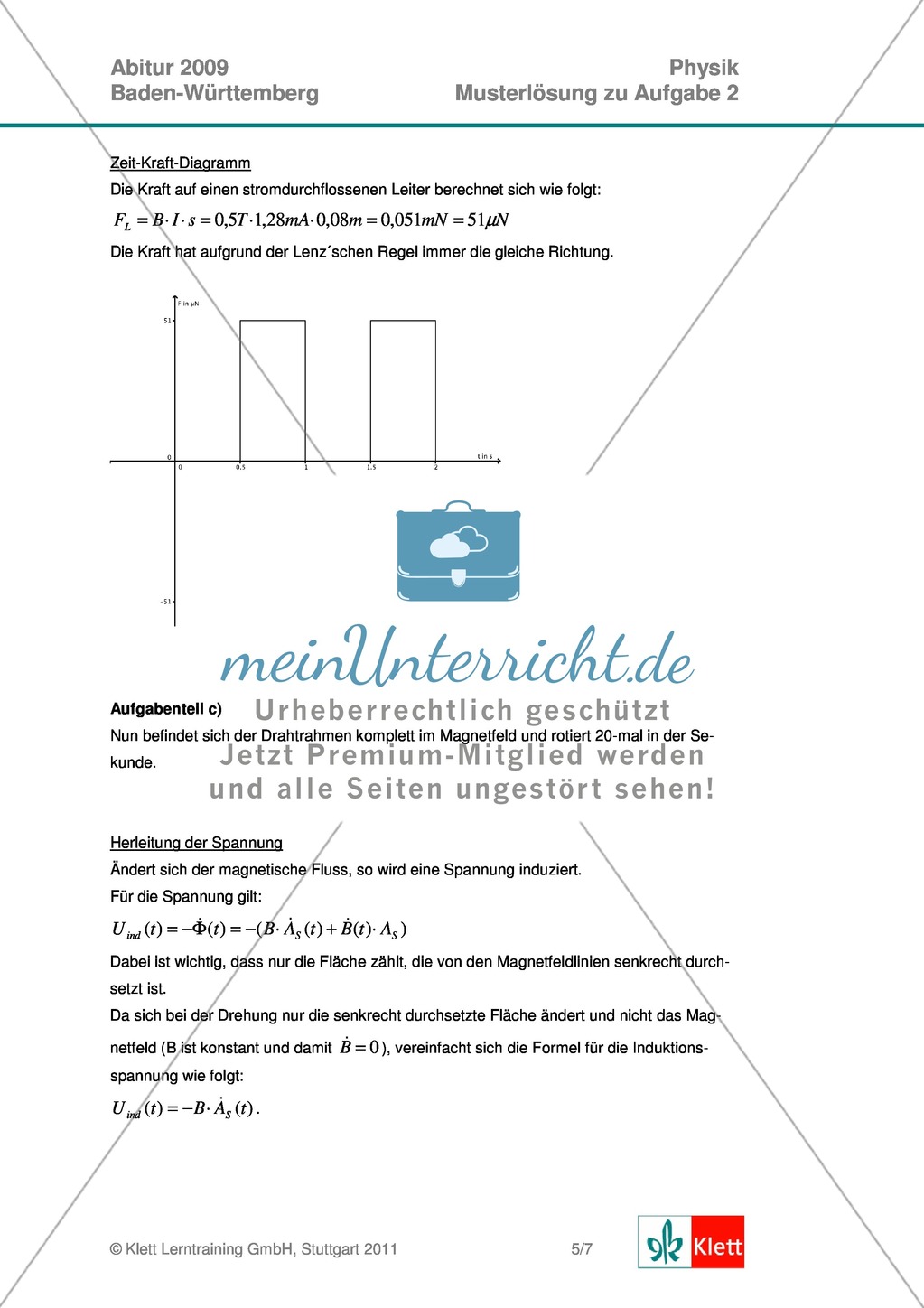 Abituraufgaben Baden-Württemberg 2009 Klausur II: Magnetismus + Musterlösungen zu den einzelnen Aufgabenteilen Preview 7