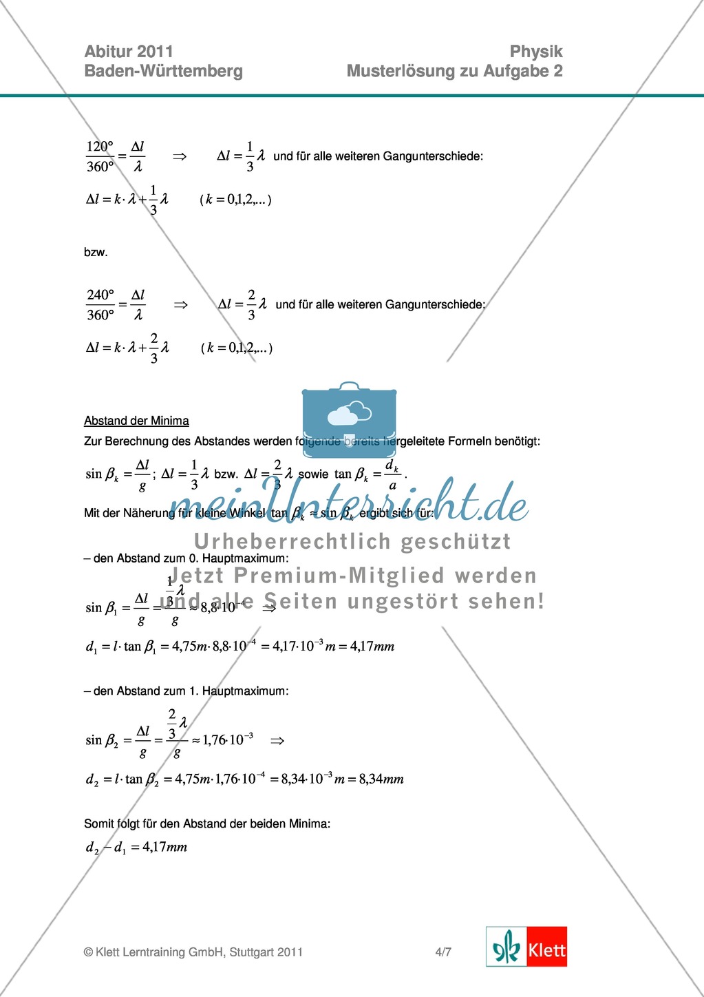 Abuturaufgaben Baden-Württemberg 2011 Klausur II: Licht + Lösungen zu den einzelnen Aufgabenteilen Preview 6