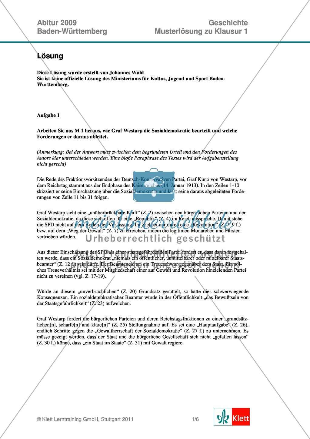 Abituraufgaben Baden-Württemberg 2009: Nationalsozialismus-Quelleninterpretation, Darstellung und Erörterung zu den Entwicklungslinien vom Kaiserreich zum Nationalsozialismus, der Rolle der SPD und dem Machtgewinn Hitlers. Mit Quellen und Musterlösungen. Preview 5