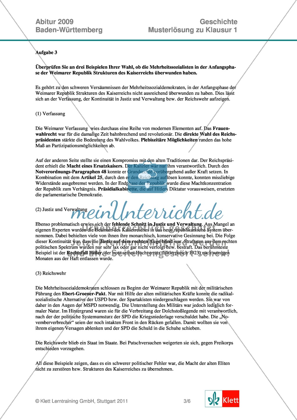 Abituraufgaben Baden-Württemberg 2009: Nationalsozialismus-Quelleninterpretation, Darstellung und Erörterung zu den Entwicklungslinien vom Kaiserreich zum Nationalsozialismus, der Rolle der SPD und dem Machtgewinn Hitlers. Mit Quellen und Musterlösungen. Preview 7