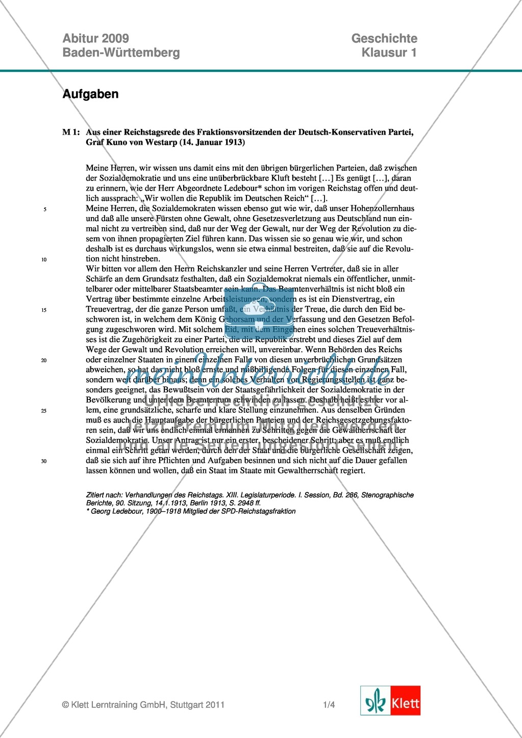 Abituraufgabe Baden-Württemberg 2009: Deutsches Kaiserreich-Quelleninterpretation eines Reden-Auszugs des Fraktionsvorsitzenden der Deutsch-Konservativen Partei Graf von Westarp zur Beurteilung der Sozialdemokratie. Mit Quelle, Aufgabe und Musterlösung. Preview 1