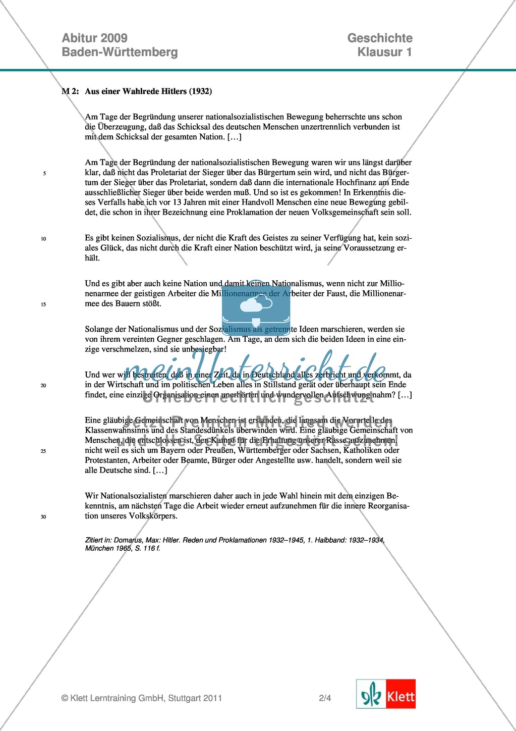 Abituraufgabe Baden-Württemberg 2009: Weimarer Republik-Quelleninterpretation eines Auszugs einer Wahlkampfrede Hitlers bezüglich der Möglichkeiten Wählerstimmen für den Nationalsozialismus zu Gewinnen. Mit Quelle, Aufgabe und Musterlösung. Preview 1