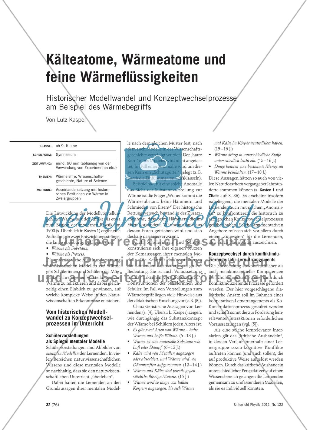 Kälteatome, Wärmeatome und feine Wärmeflüssigkeiten - Historischer Modellwandel und Konzeptwechselprozesse am Beispiel des Wärmebegriffs Preview 1