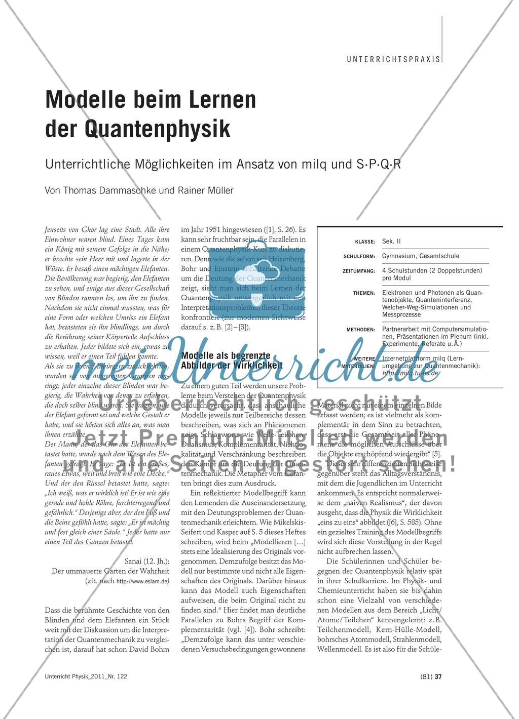 Modelle beim Lernen der Quantenphysik - Unterrichtliche Möglichkeiten im Ansatz von milq und S∙P∙Q∙R Preview 1
