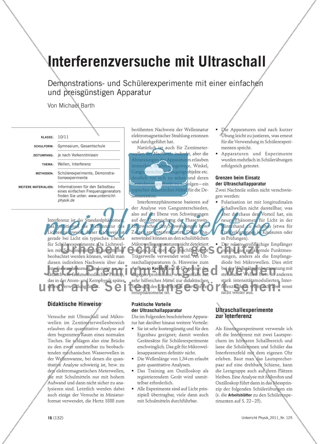 Interferenzversuche mit Ultraschall - Demonstrations- und Schülerexperimente mit einer einfachen und preisgünstigen Apparatur Preview 1