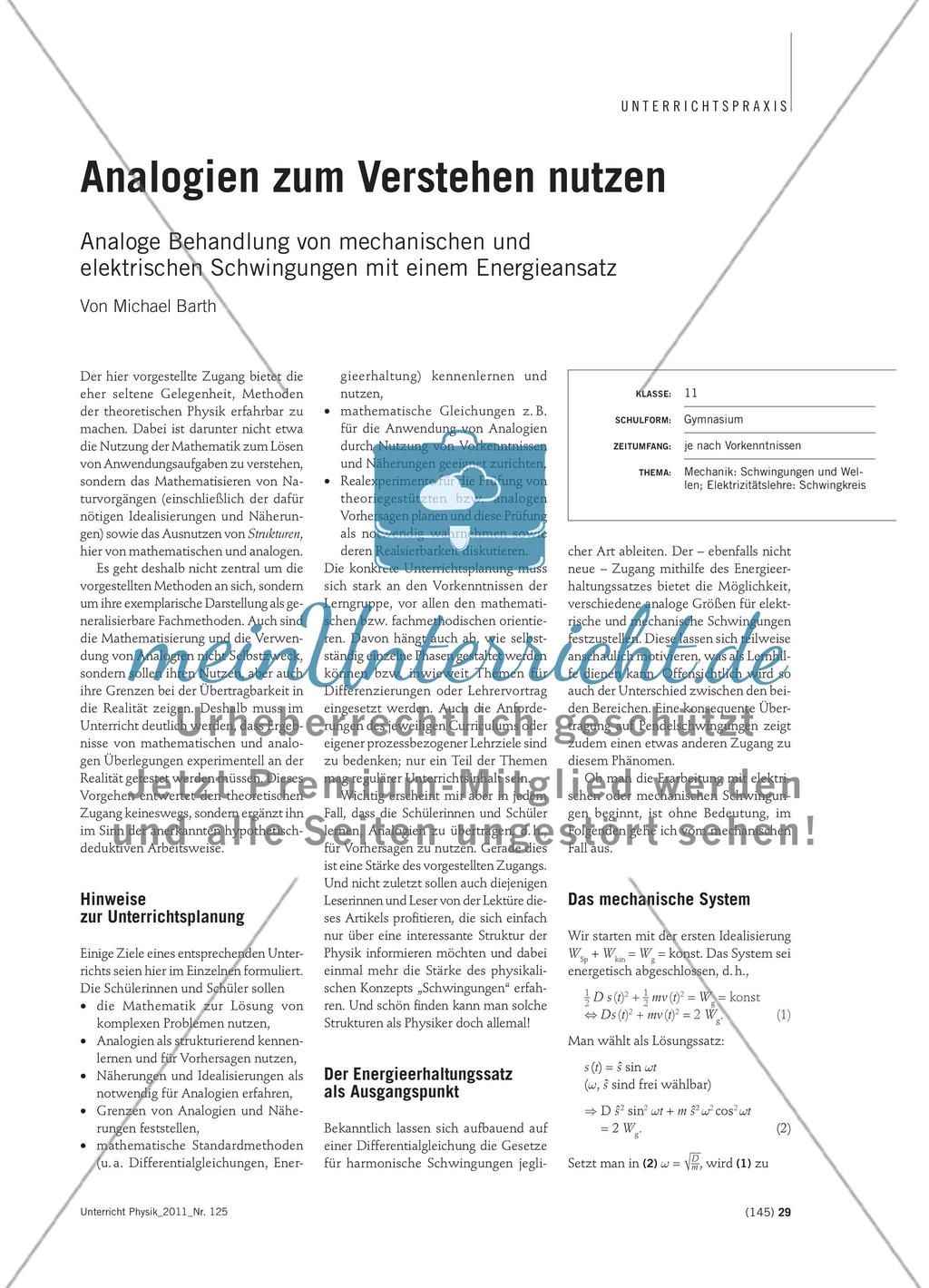 Analogien zum Verstehen nutzen - Analoge Behandlung von mechanischen und elektrischen Schwingungen mit einem Energieansatz Preview 1