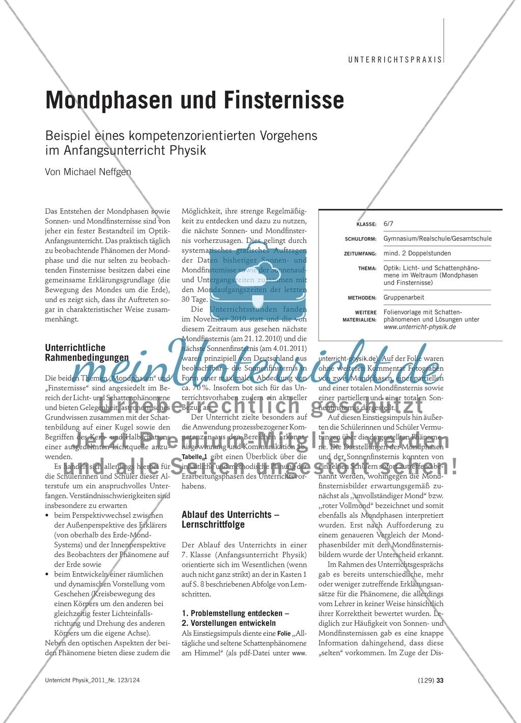 Mondphasen und Finsternisse - Beispiel eines kompetenzorientierten Vorgehens im Anfangsunterricht Physik Preview 1
