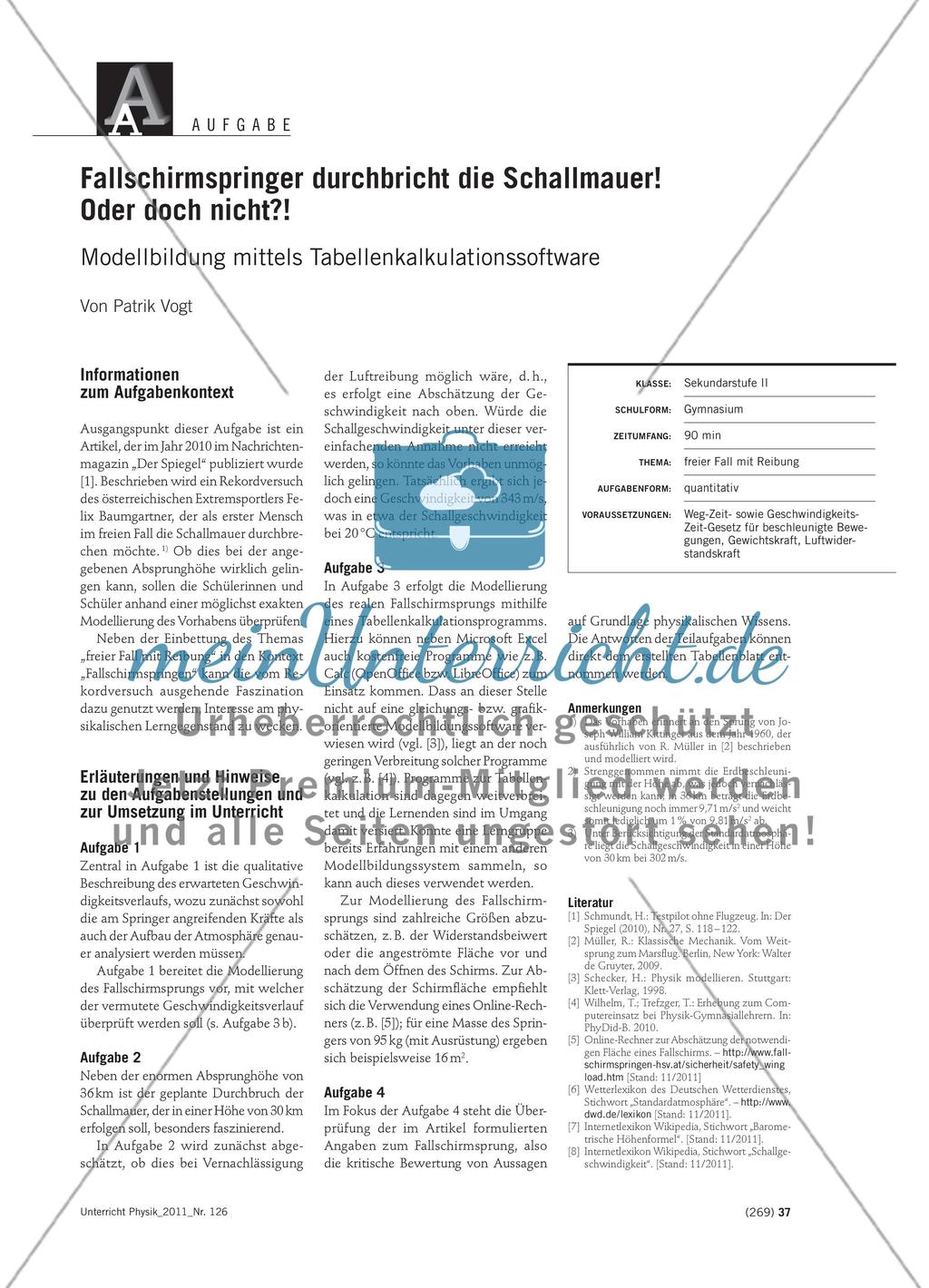 Fallschirmspringer durchbricht die Schallmauer! Oder doch nicht?! - Modellbildung mittels Tabellenkalkulationssoftware Preview 1