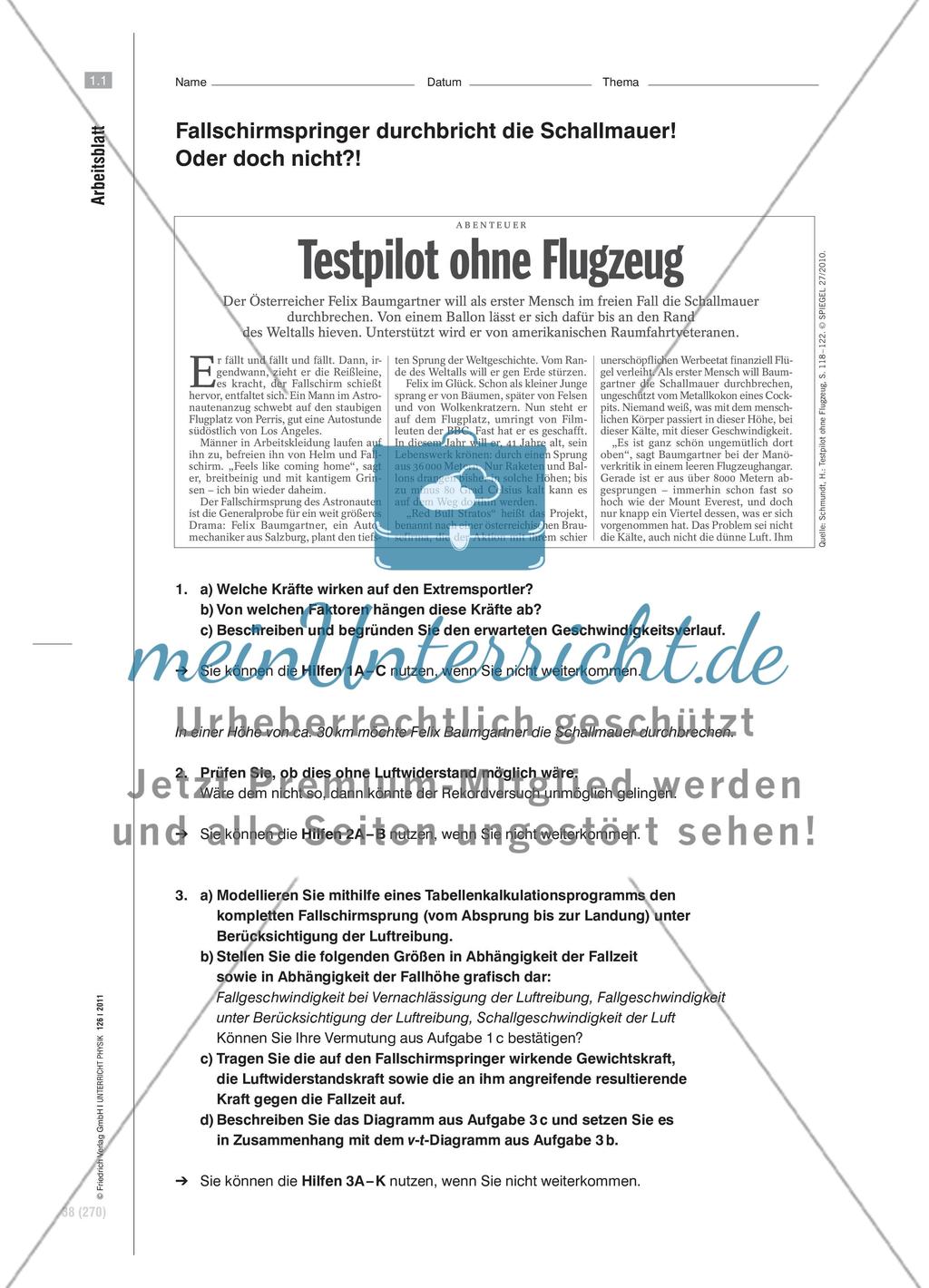 Fallschirmspringer durchbricht die Schallmauer! Oder doch nicht?! - Modellbildung mittels Tabellenkalkulationssoftware Preview 2