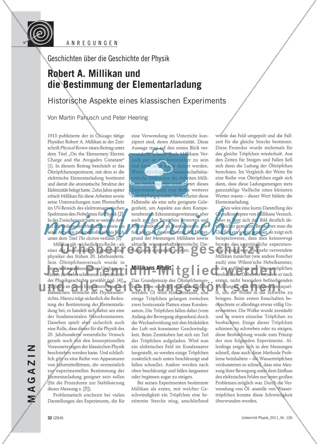 Robert A. Millikan und die Bestimmung der Elementarladung - Historische Aspekte eines klassischen Experiments Preview 1