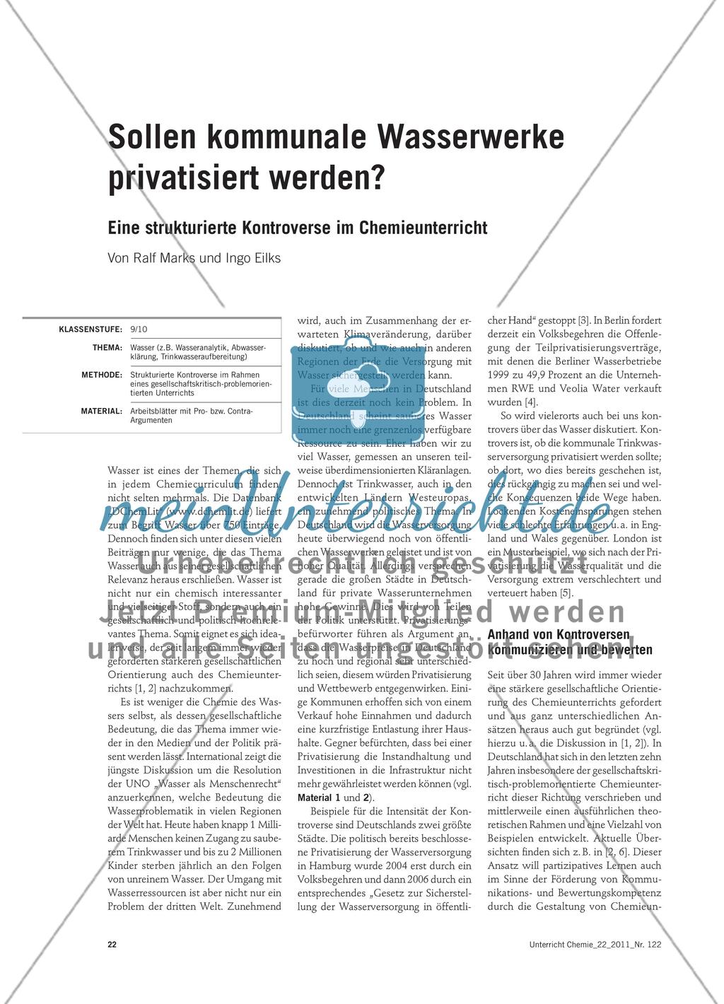 Sollen kommunale Wasserwerke privatisiert werden? - Eine strukturierte Kontroverse im Chemieunterricht Preview 1