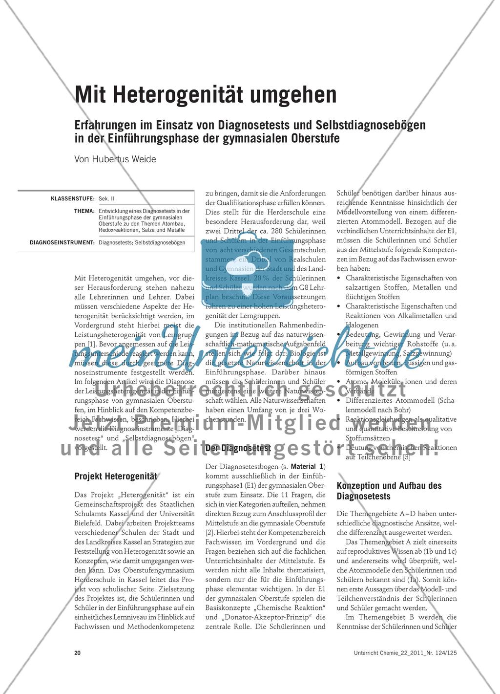Mit Heterogenität umgehen - Erfahrungen im Einsatz von Diagnosetests und Selbstdiagnosebögen in der Einführungsphase der gymnasialen Oberstufe Preview 1