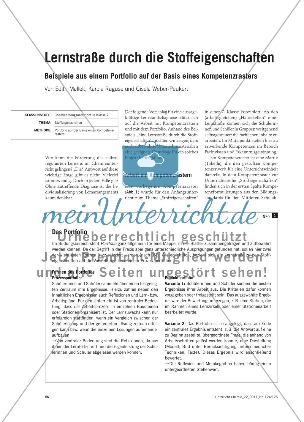 Lernstraße durch die Stoffeigenschaften - Beispiele aus einem Portfolio auf der Basis eines Kompetenzrasters Preview 1