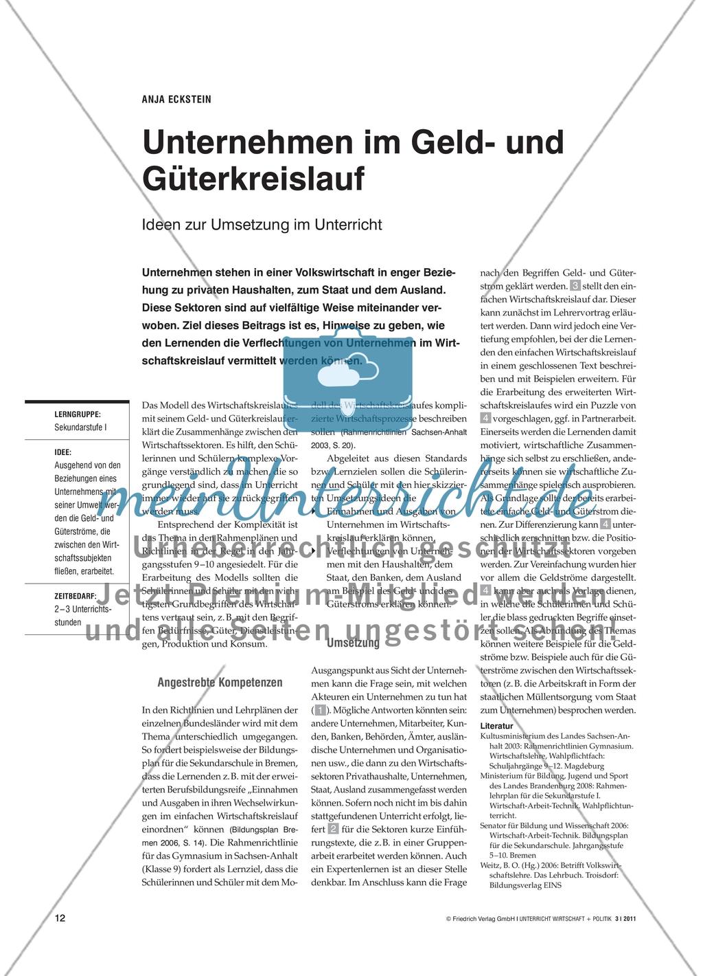 Unternehmen im Geld- und Güterkreislauf - Ideen zur Umsetzung im Unterricht Preview 1