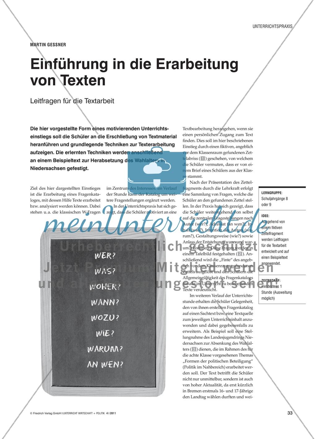 Einführung in die Erarbeitung von Texten - Leitfragen für die Textarbeit Preview 1