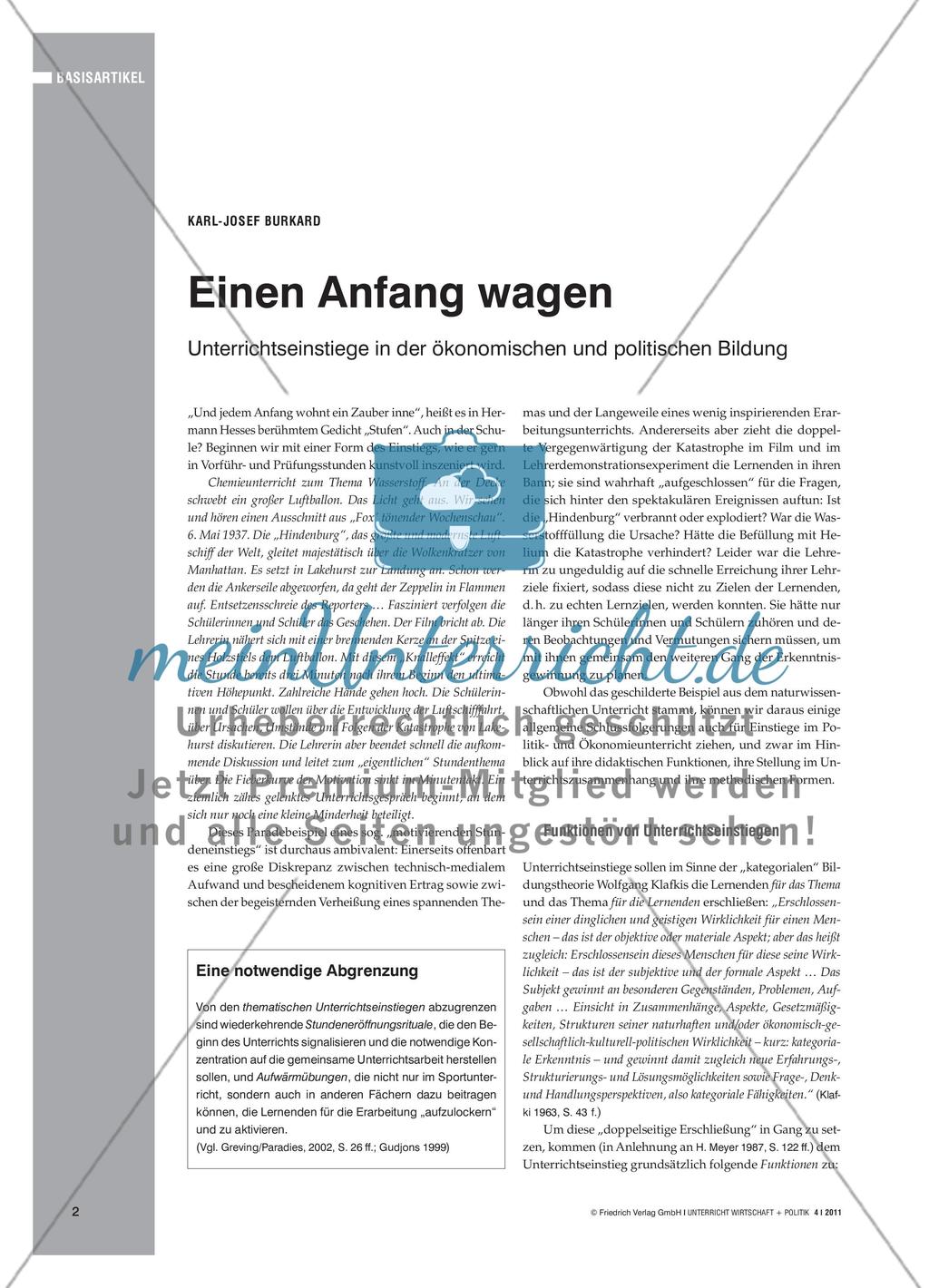 Einen Anfang wagen - Unterrichtseinstiege in der ökonomischen und politischen Bildung Preview 1