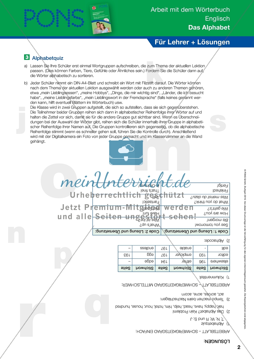 Arbeit mit dem Wörterbuch: Übungen zum Alphabet + Lösungen Preview 2