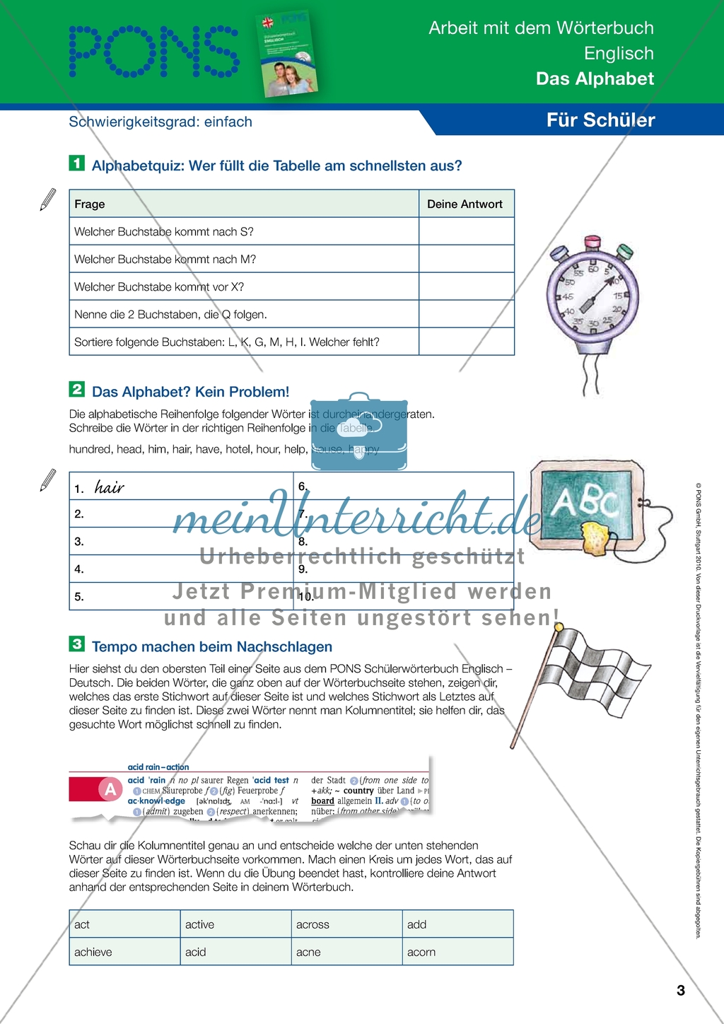 Arbeit mit dem Wörterbuch: Übungen zum Alphabet + Lösungen Preview 3