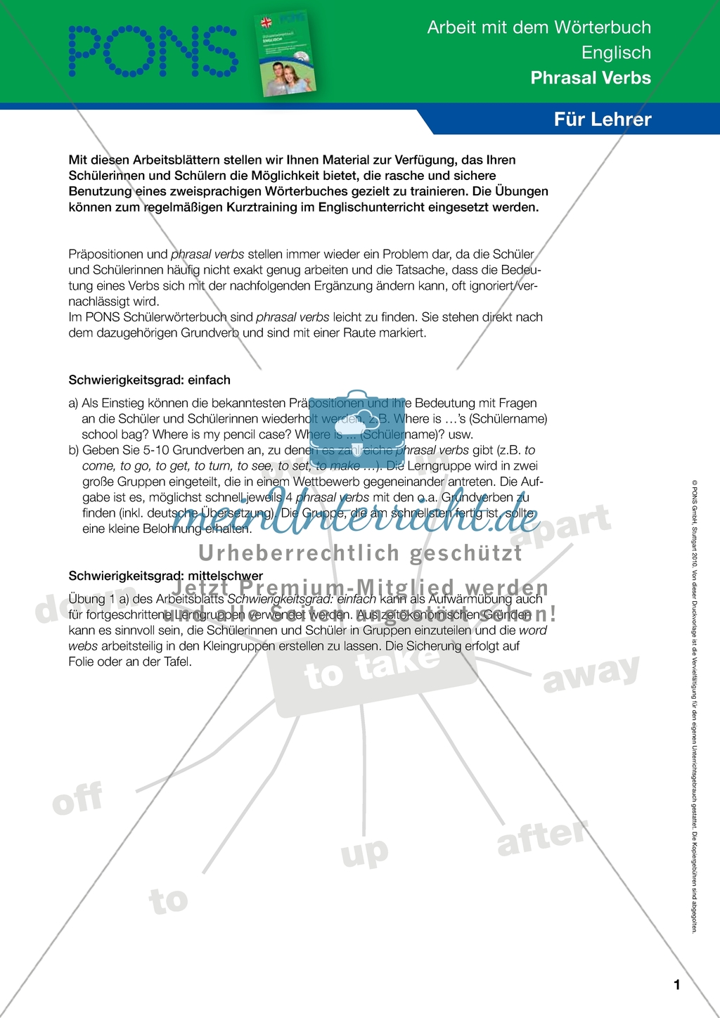 Phrasal Verbs mithilfe eines Wörterbuchs übersetzen + Lösungen Preview 1