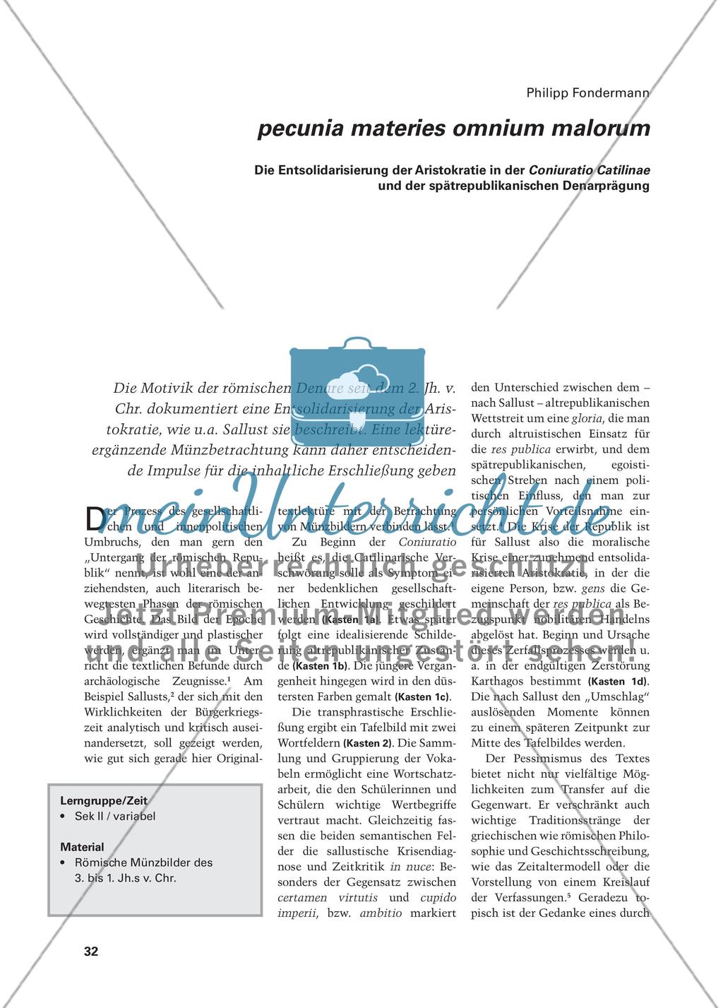 pecunia materies omnium malorum - Die Entsolidarisierung der Aristokratie in der Coniuratio Catilinae und der spätrepublikanischen Denarprägung Preview 1