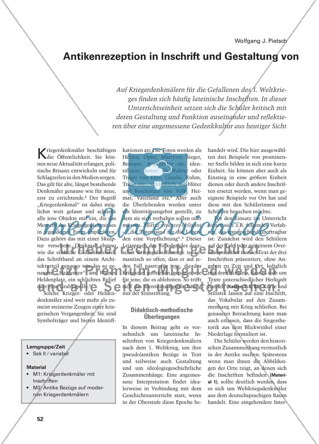 Antikenrezeption in Inschrift und Gestaltung von Kriegerdenkmälern der Neuzeit Preview 1
