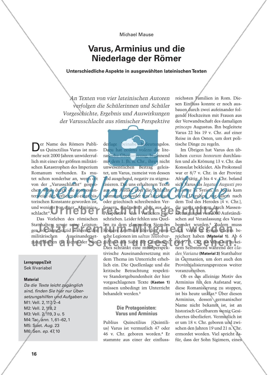 Varus, Arminius und die Niederlage der Römer - Unterschiedliche Aspekte in ausgewählten lateinischen Texten Preview 1