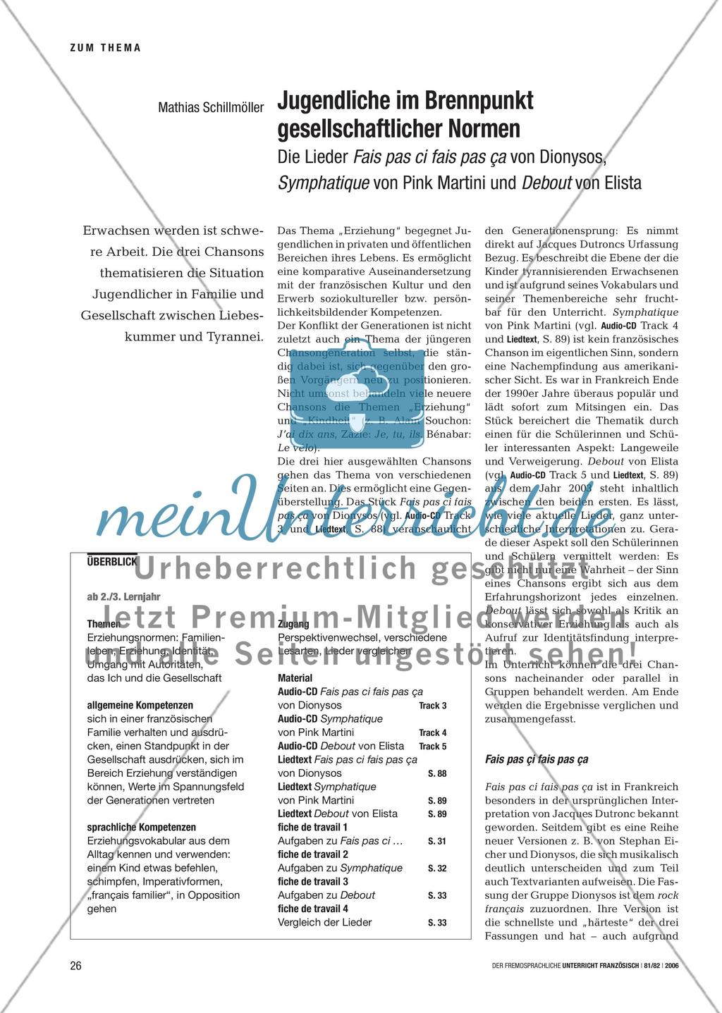 Jugendliche im Brennpunkt gesellschaftlicher Normen - Die Lieder Fais pas ci fais pas ça von Dionysos, Symphatique von Pink Martini und Debout von Elista Preview 1