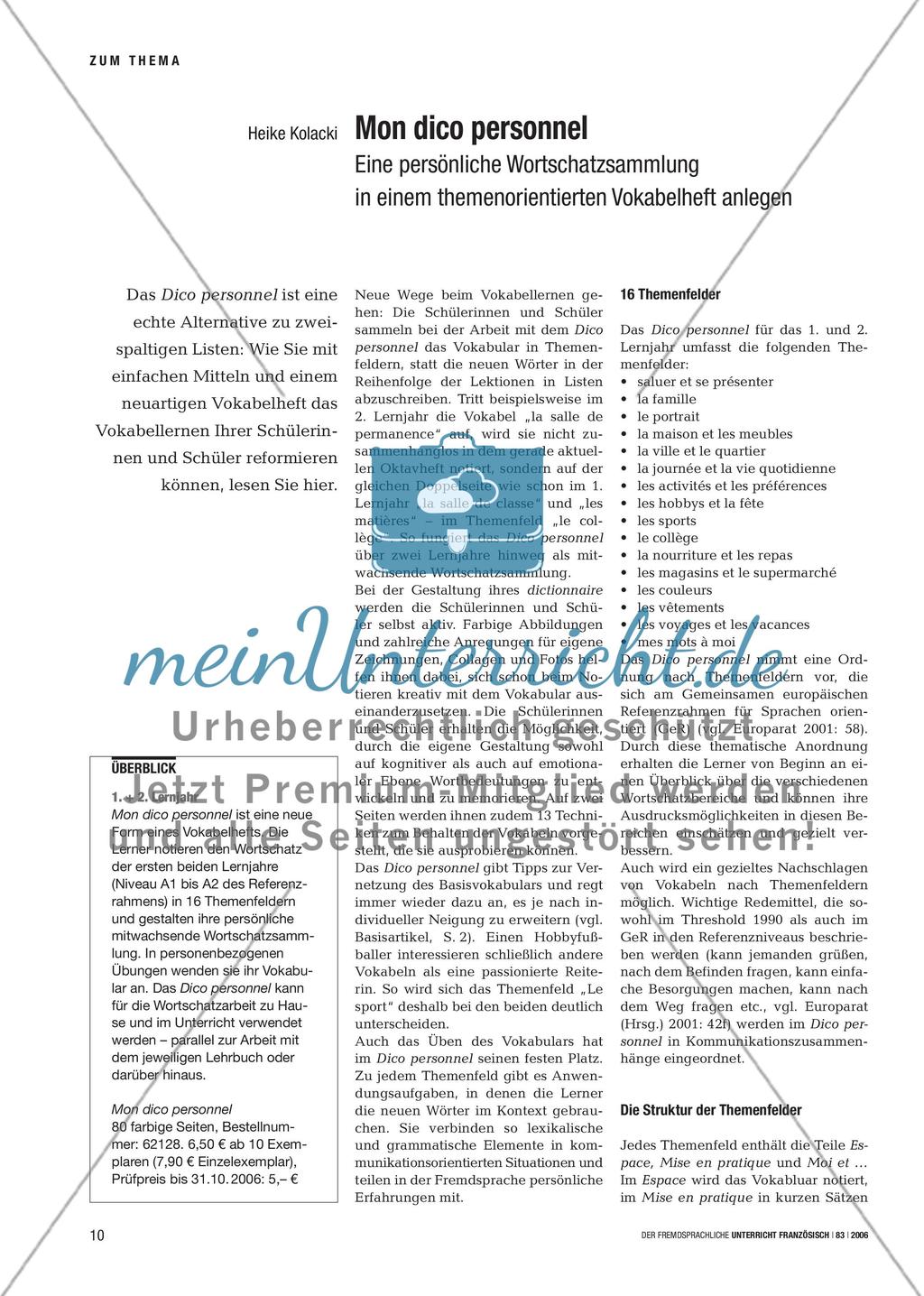 Mon dico personnel - Eine persönliche Wortschatzsammlung in einem themenorientierten Vokabelheft anlegen Preview 1