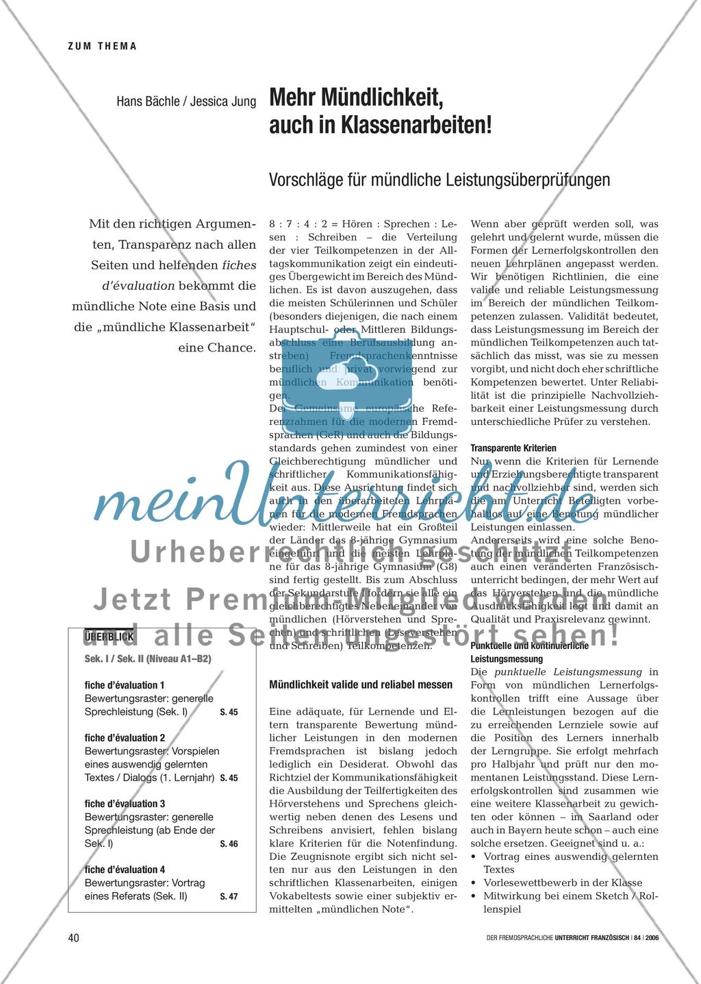 Mehr Mündlichkeit, auch in Klassenarbeiten! - Vorschläge für mündliche Leistungsüberprüfungen Preview 1