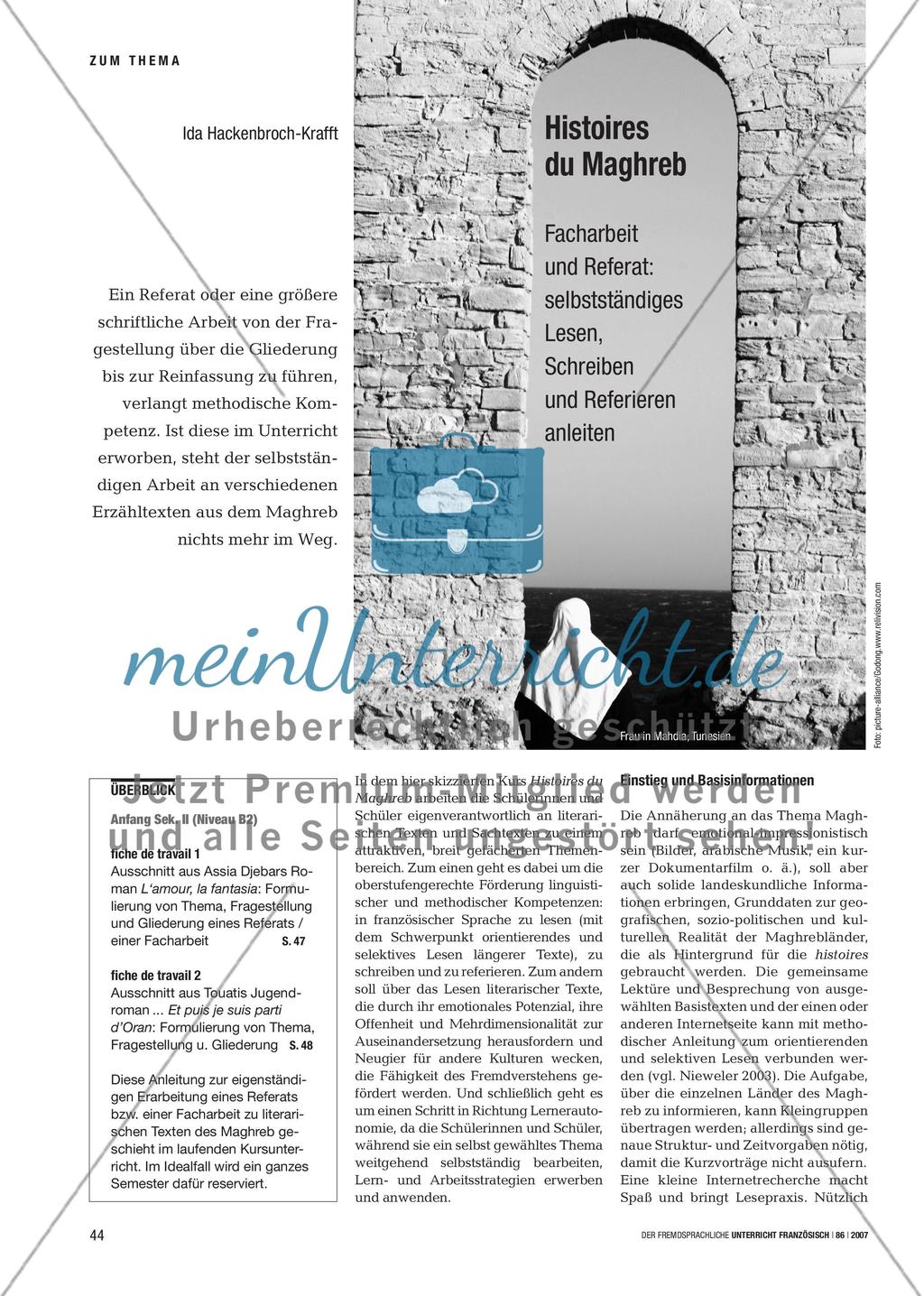 Histoires du Maghreb - Facharbeit und Referat: selbstständiges Lesen, Schreiben und Referieren anleiten Preview 1