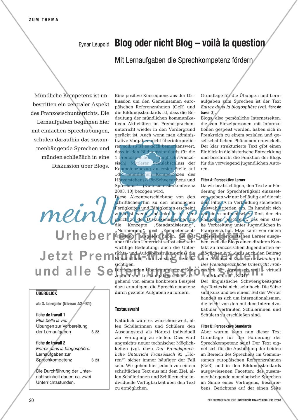 Blog oder nicht Blog – voilà la question - Mit Lernaufgaben die Sprechkompetenz fördern Preview 1