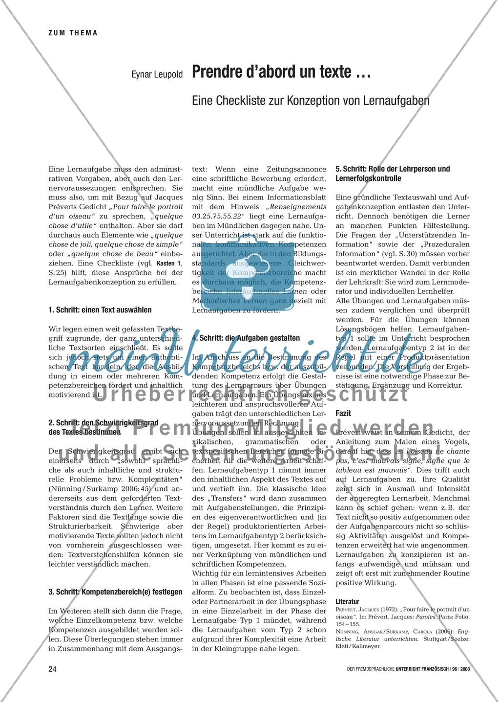 Prendre d’abord un texte … - Eine Checkliste zur Konzeption von Lernaufgaben Preview 1