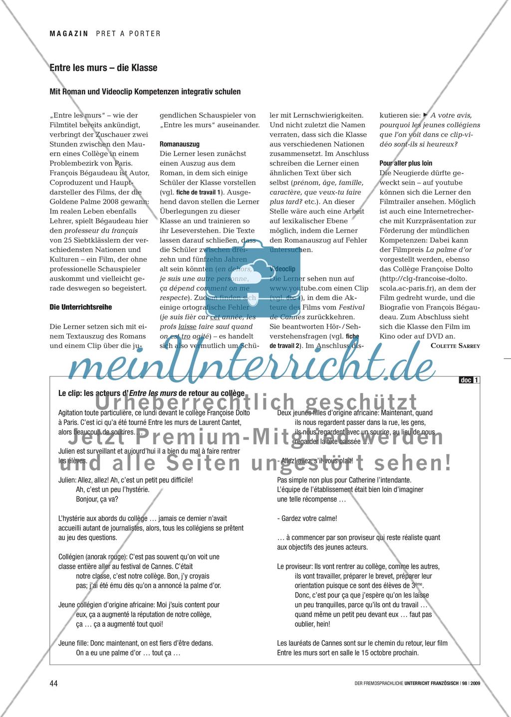 Entre les murs – die Klasse - Mit Roman und Videoclip Kompetenzen integrativ schulen Preview 1