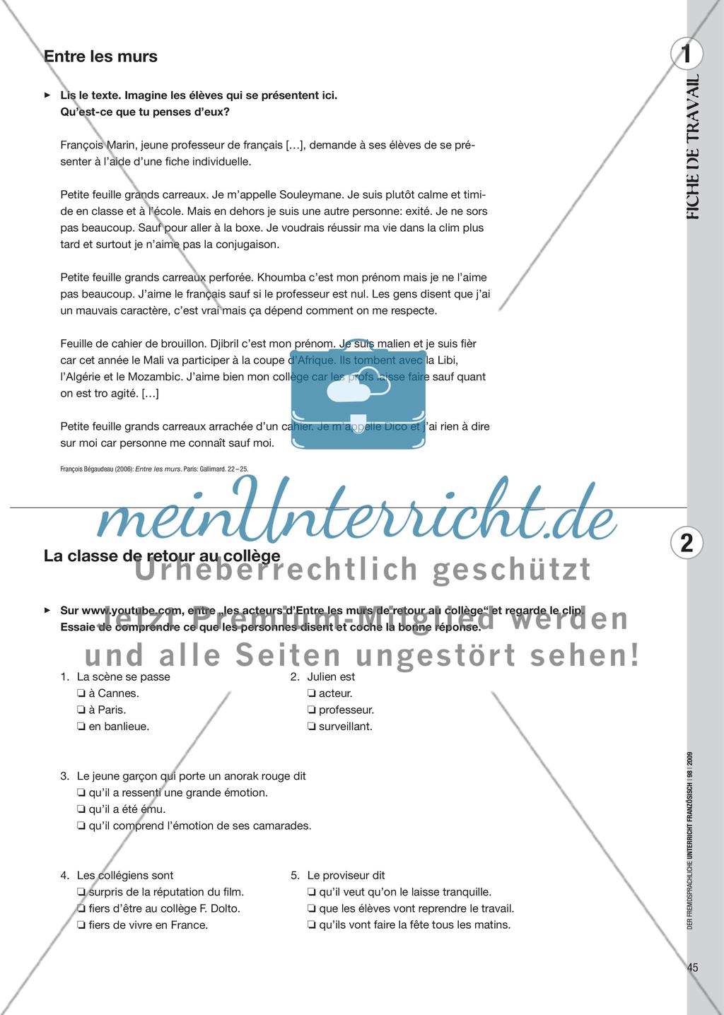 Entre les murs – die Klasse - Mit Roman und Videoclip Kompetenzen integrativ schulen Preview 2