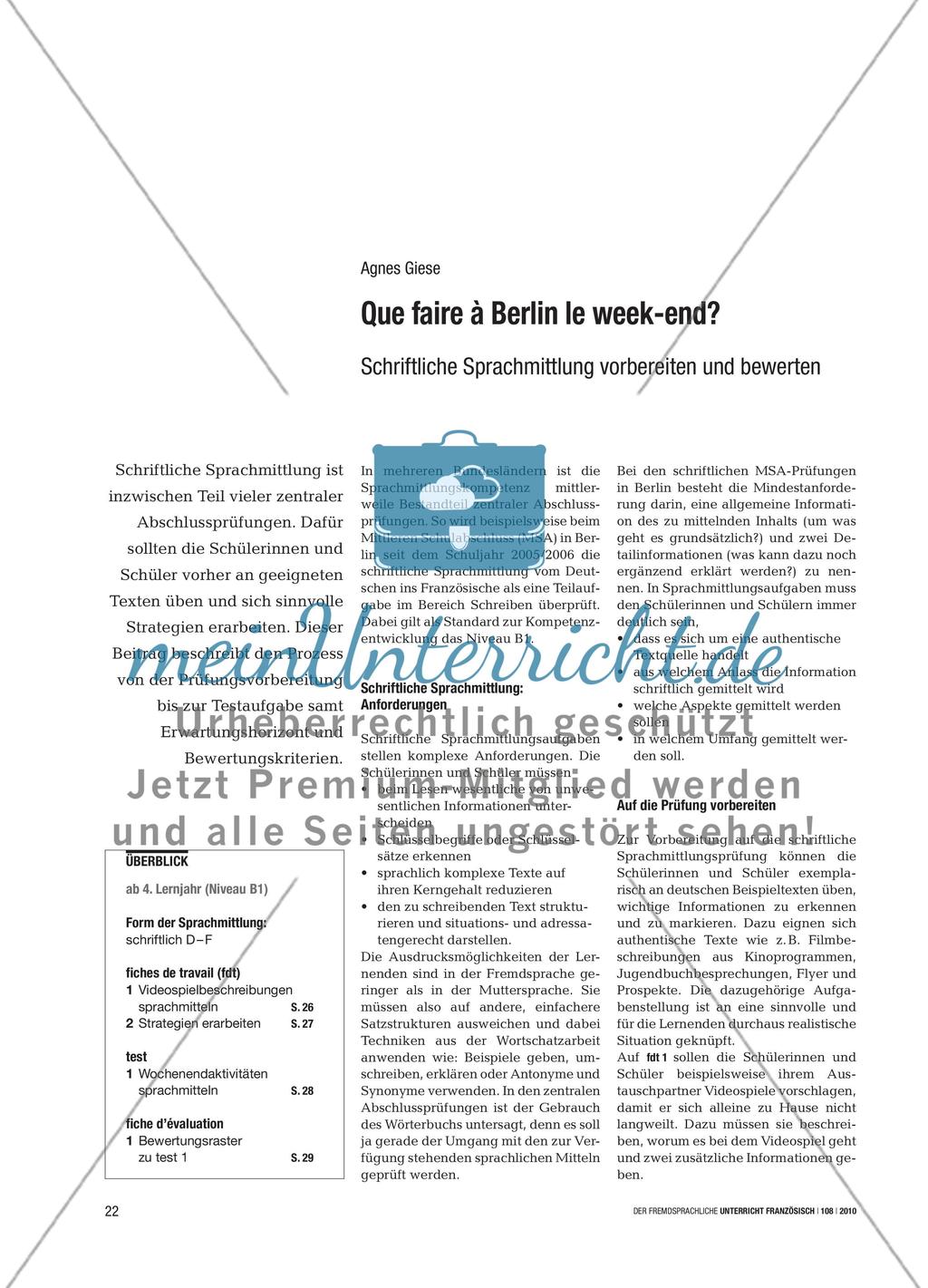 Que faire à Berlin le week-end? - Schriftliche Sprachmittlung vorbereiten und bewerten Preview 1