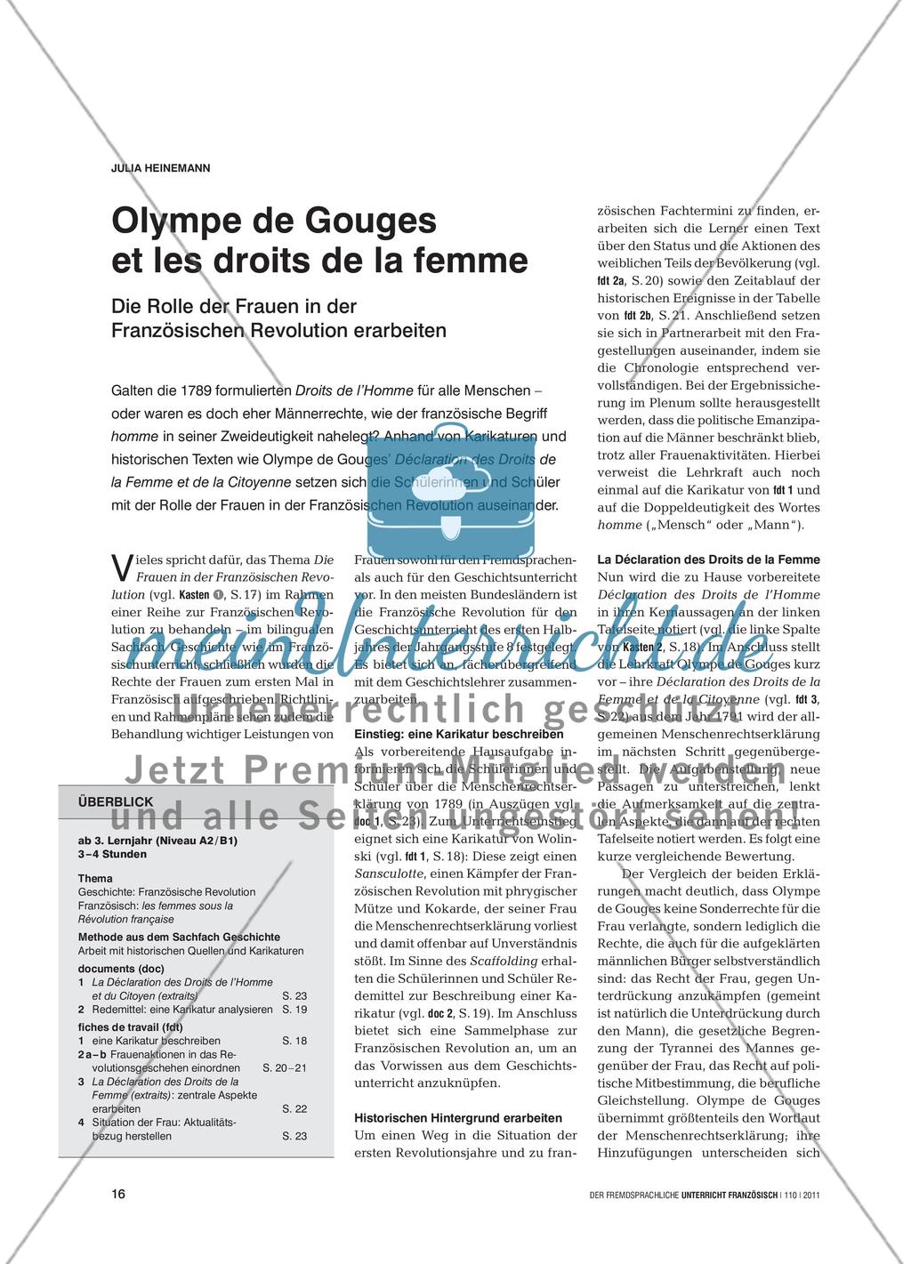 Olympe de Gouges et les droits de la femme - Die Rolle der Frauen in der Französischen Revolution erarbeiten Preview 1