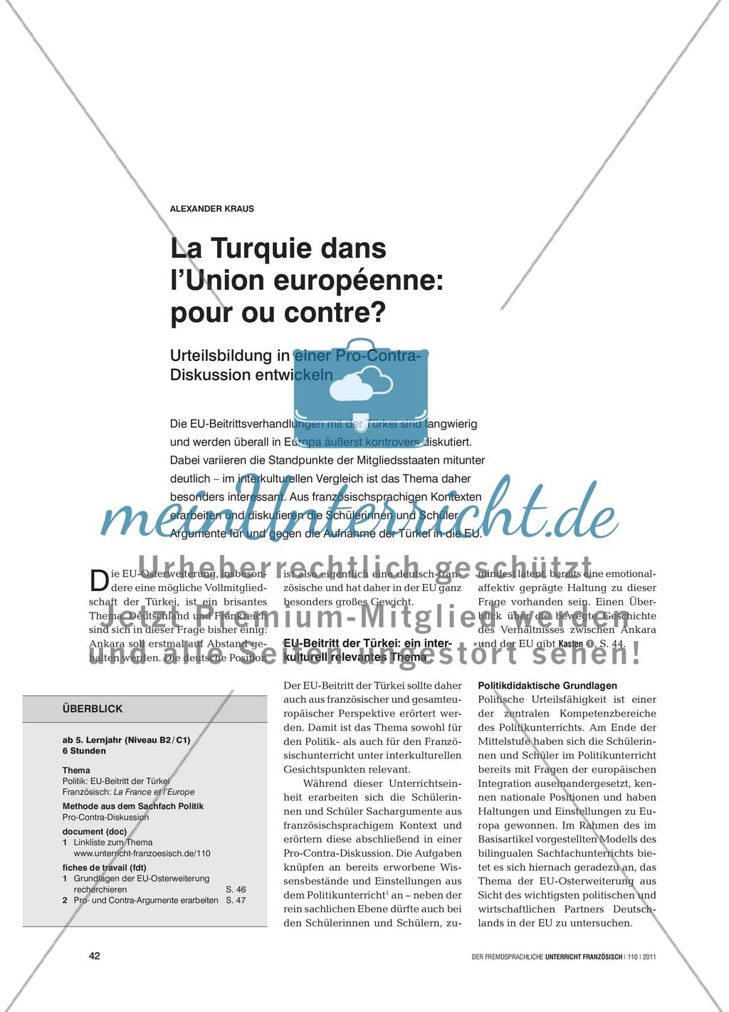 La Turquie dans l’Union européenne: pour ou contre? - Urteilsbildung in einer Pro-Contra- Diskussion entwickeln Preview 1