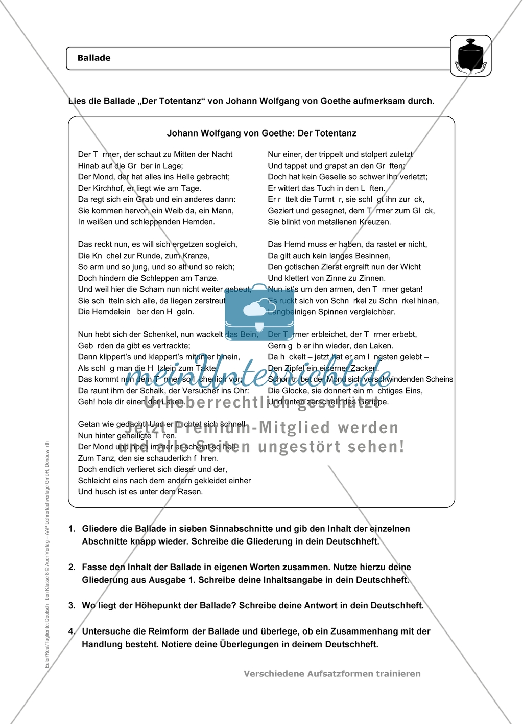 Die Ballade: Einführung und Aufgaben mit Lösungen Preview 3