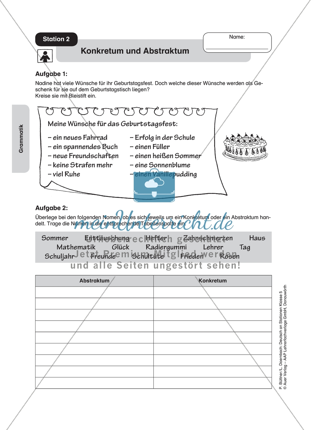 Wortarten: Nomen, Konkretum und Abstraktum. Arbeitsmaterial mit Lösungen Preview 2