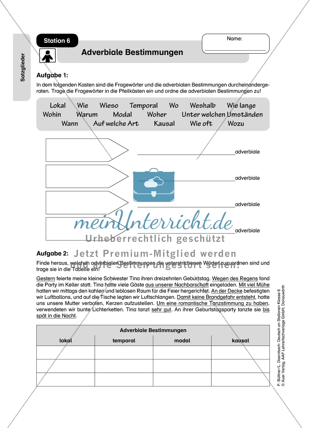 Satzglieder: Adverbiale Bestimmungen. Arbeitsmaterial mit Lösungen Preview 1