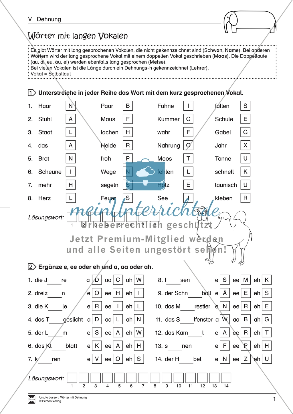 Dehnung: Wörter mit langen Vokalen und Doppelvokalen. Arbeitsmaterial mit Lösungen Preview 1