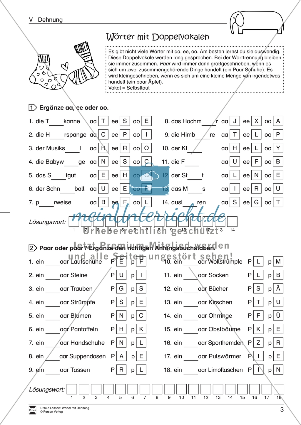 Dehnung: Wörter mit langen Vokalen und Doppelvokalen. Arbeitsmaterial mit Lösungen Preview 2