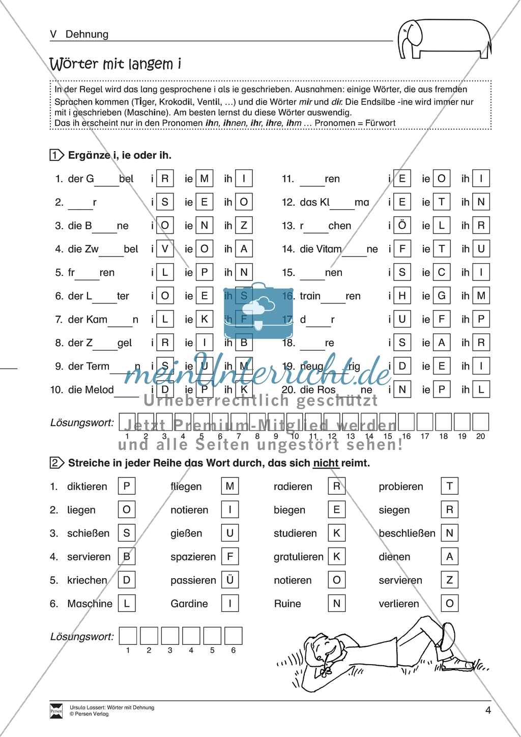 Dehnung: Wörter mit langen Vokalen und Doppelvokalen. Arbeitsmaterial mit Lösungen Preview 3