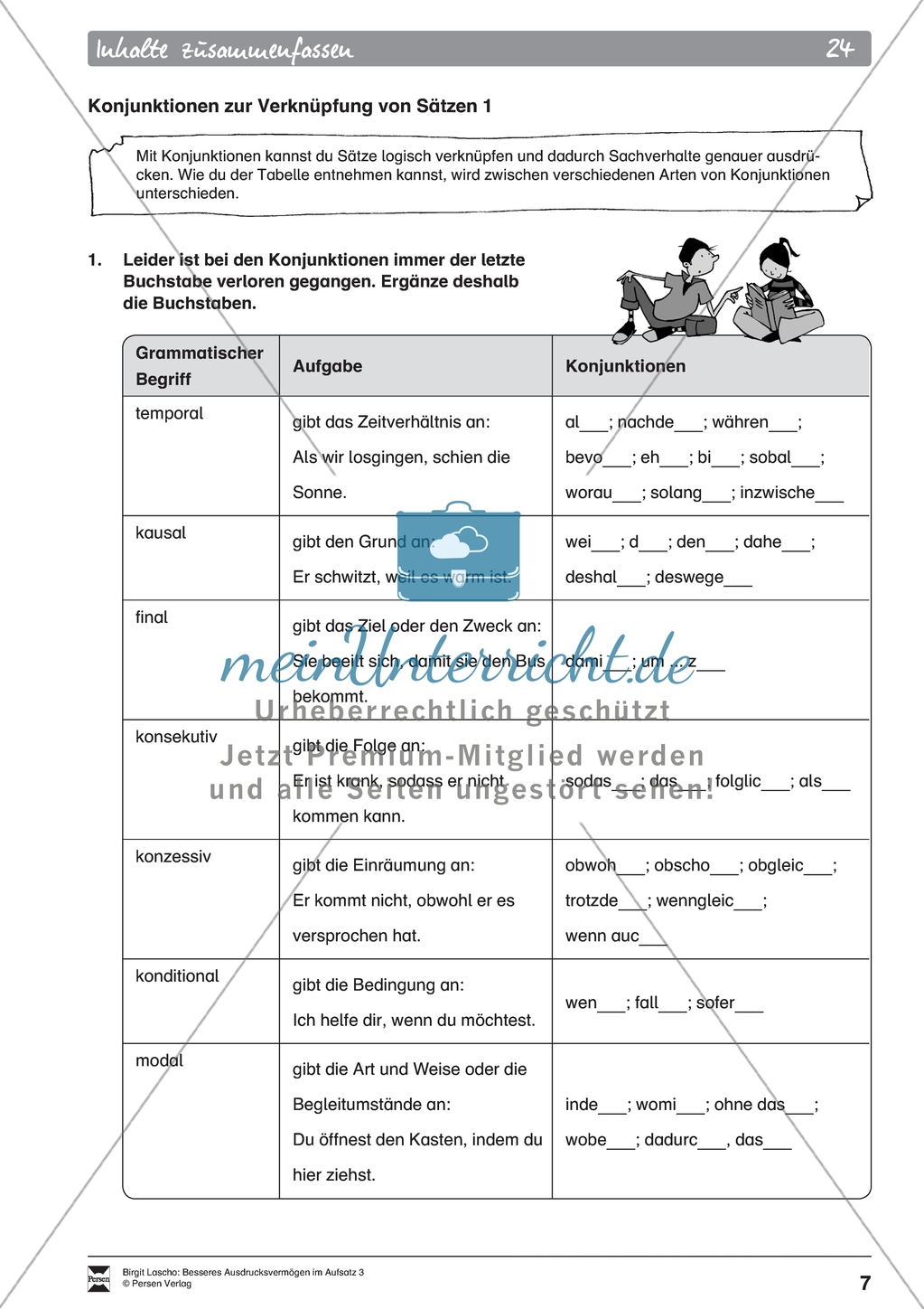 Inhalte zusammenfassen: Konjunktionen zur Verknüpfung von Sätzen. Arbeitsmaterial mit Erläuterungen Preview 2